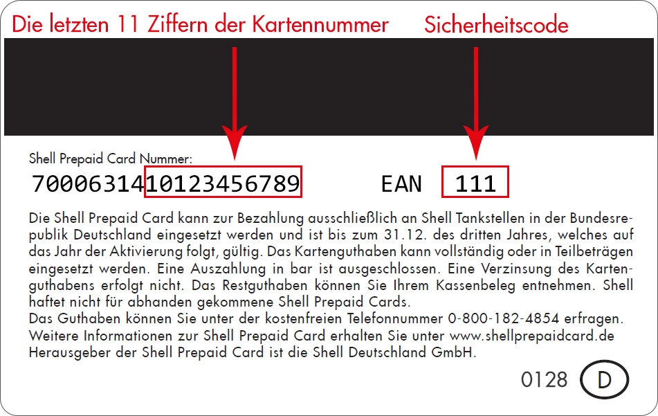 Rückseite der Shell Prepaid Card mit Hinweis auf EAN-Code und Kartennummer